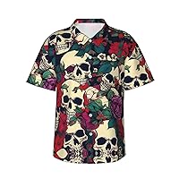 Floral Skulls Men's Casual Button-Down Hawaiian Shirts â€“ Funky Tropical Summer Outfits â€“ Retro Printed Beach Wear for Men