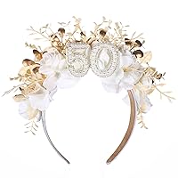 50th Birthday Headband - Handmade 50th Birthday Crown Happy 50th Birthday Accessory with Flowers and Pearls for Women Champagne