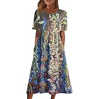 Wedding Classic Shift Tunic Dress for Ladies Short Sleeve Spring Fitted Print Teen Girls Patchwork Light Multi XL