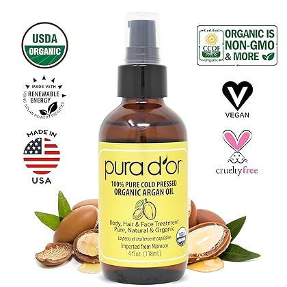 PURA D'OR Organic Moroccan Argan Oil (4oz / 118mL) USDA Certified 100% Pure Cold Pressed Virgin Premium Grade Moisturizer Treatment for Dry, Damaged Skin, Hair, Face, Body, Scalp (Packaging may vary)