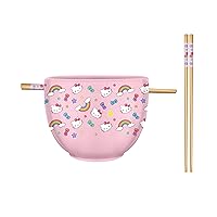 Silver Buffalo Sanrio Hello Kitty Bows Stars Rainbow Pattern Ceramic Ramen Noodle Rice Bowl with Chopsticks, Microwave Safe, 20 Ounces