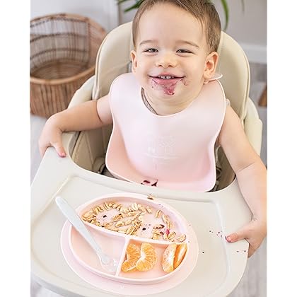 Kcuina Silicone Baby Feeding Set - Suction Plate, Bowl with Lid, Baby Spoons, and Bibs. First Stage Self-Feeding Utensils Set. Food Grade Silicone. BPA Free.