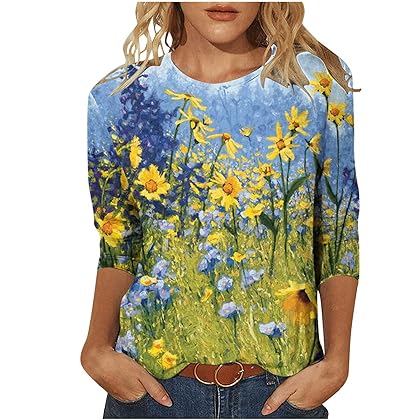 3/4 Sleeve Tops for Women Dressy Casual Crewneck t Shirt Boho Floral Print Regular Fit Shirts Summer Spring Blouse