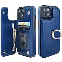for iPhone 15 Wallet Case with Card Holder, 360° Rotation Ring Kickstand RFID Blocking PU Leather Double Magnetic Clasp Shockproof Cover for Women and Girls 6.1 Inch (Blue)