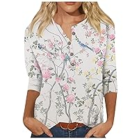 Women's Fashion Printed Seven-Point Sleeve Round Neck Button Top Summer Vacation Tops for Women