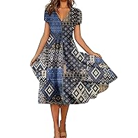 Maxi Summer Dresses, Women's Summer Casual Fashion Floral Print Short Sleeve V-Neck Swing Dress