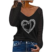 Keyhole Eyelet T Shirt for Women Fall Summer V Neck Heart Lover Graphic Loose Fit Long Tee Shirt Tops Women 2024