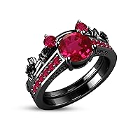 1.5ct Ruby & CZ Diamond 14K Black Rhodium Finish Classic Look Mickey Mouse Engagement Ring Bridal Set for Jewelry