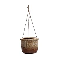 Creative Co-Op 7.75 Round Stoneware Jute Rope Hanger and Reactive Glaze, Holds 7 Inches Pott, Brown and Cream Hanging Planter