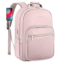 LOVEVOOK Leather Backpack for Women,15.6 inch Leather Laptop Backpack Women Computer Backpack Laptop Bag,Stylish Quilted Travel Backpack Purse Work Bag College Teacher Backpack with USB Port,Rose Pink