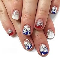 4th of July Nails Short Press on Nails Square French Tips Fake Nails Star Glitter Designs Independence Day Glue on Nails Red Blue White Coffin Nails Full Cover Stick on Nails for Woman 24Pcs