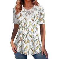 Womens Blouses Casual Short Sleeve Going Out Holiday Pullover Lounges Crewneck Blouses Thin Floral Stretch