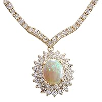 12.45 Carat Natural Multicolor Opal and Diamond (F-G Color, VS1-VS2 Clarity) 14K Yellow Gold Luxury Necklace for Women Exclusively Handcrafted in USA