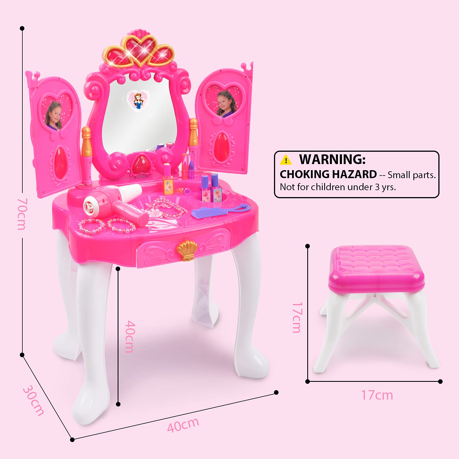 Ylovetoys Kids Vanity Makeup Table for Little Girl, Toddler Princess Vanity Play Toy Set with Mirror and Stool, Lights, Music Sound, Beauty Fantasy Dress Up Set, Gift for Little Girls 3-5 Years Old