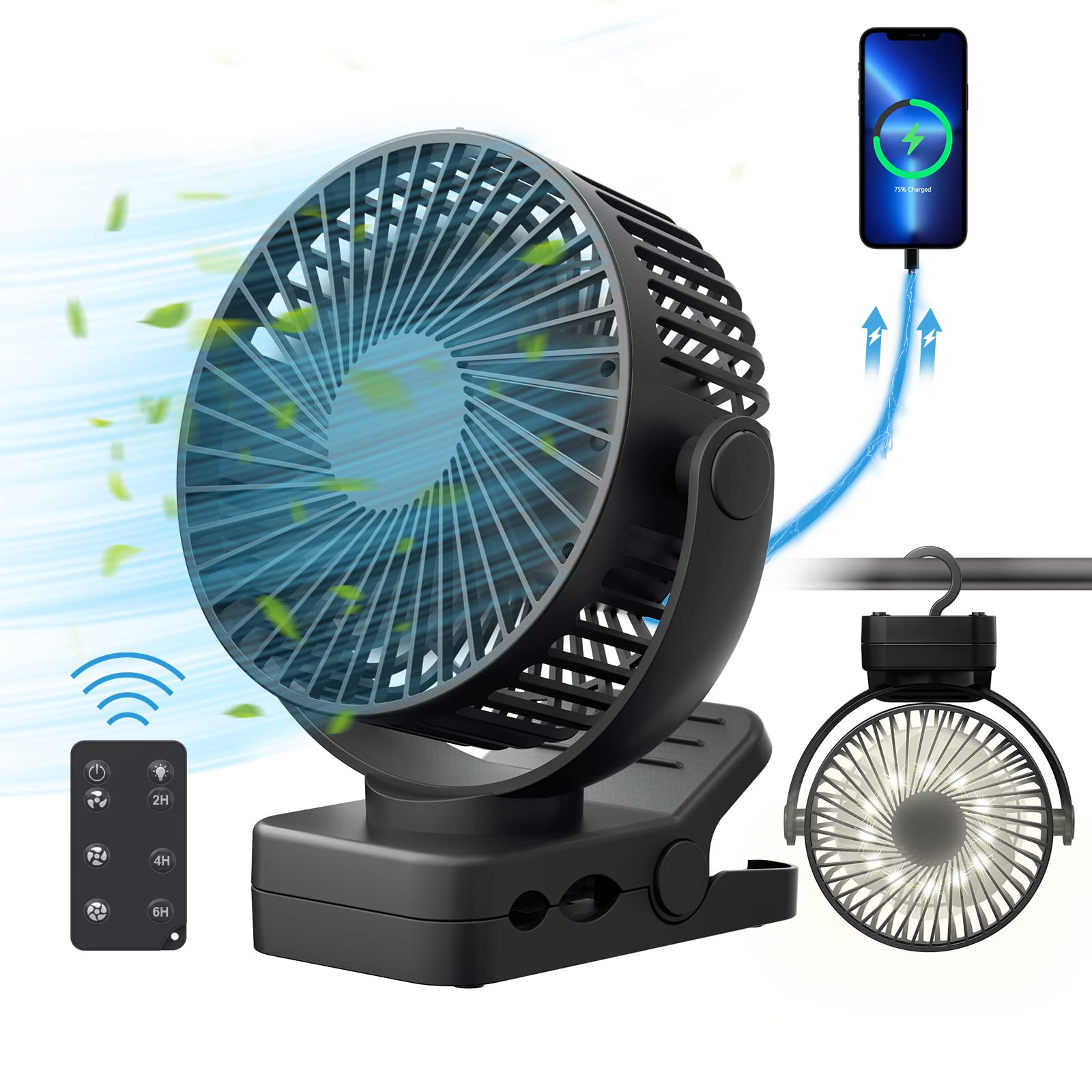 Portable Fan with Remote Control & Timer & LED Lights, 60hrs 12000mAh USB Rechargeable Battery Fan Could Clamp/Hanging/Stand Up, Small Clip on Fan for Baby Stroller, Bed, Desk, Camping Tent, Trave