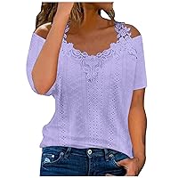 Womens Tops V Neck Eyelet Embroidery T Shirt Summer Sexy Cold Shoulder Clothes Casual Short Sleeve Blouse T Shirts