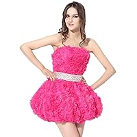 Hot Pink Strapless Organza Rosette Cocktail Dress With Beaded Waist