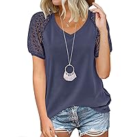 MEROKEETY Women's Summer Lace Short Sleeve V Neck Tops Shirt Loose Casual Waffle Tee Blouse