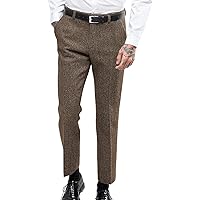 Men Pants Wool Herringbone Pleat-Front Adjustable Waist Trousers Casual Daily with Pockets
