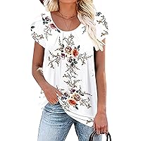Women's Casual Tunic Tops to Wear with Leggings Petal Sleeve Floral Print Tee Shirts Scoop Neck T-Shirt Loose Blouses