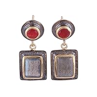 NOVICA Handmade .925 Sterling Silver 18k Gold Accented Ruby Labradorite Dangle Earrings India Geometric Birthstone [1.3 in L x 0.6 in W x 0.2 in D] 'Graceful Gems'