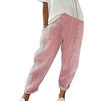Elatic Wiast Striped Pants for Women Casual Loose Jacquard Tapered Cropped Pant Woven Capri Trousers Yoga Joggers Work Salcks