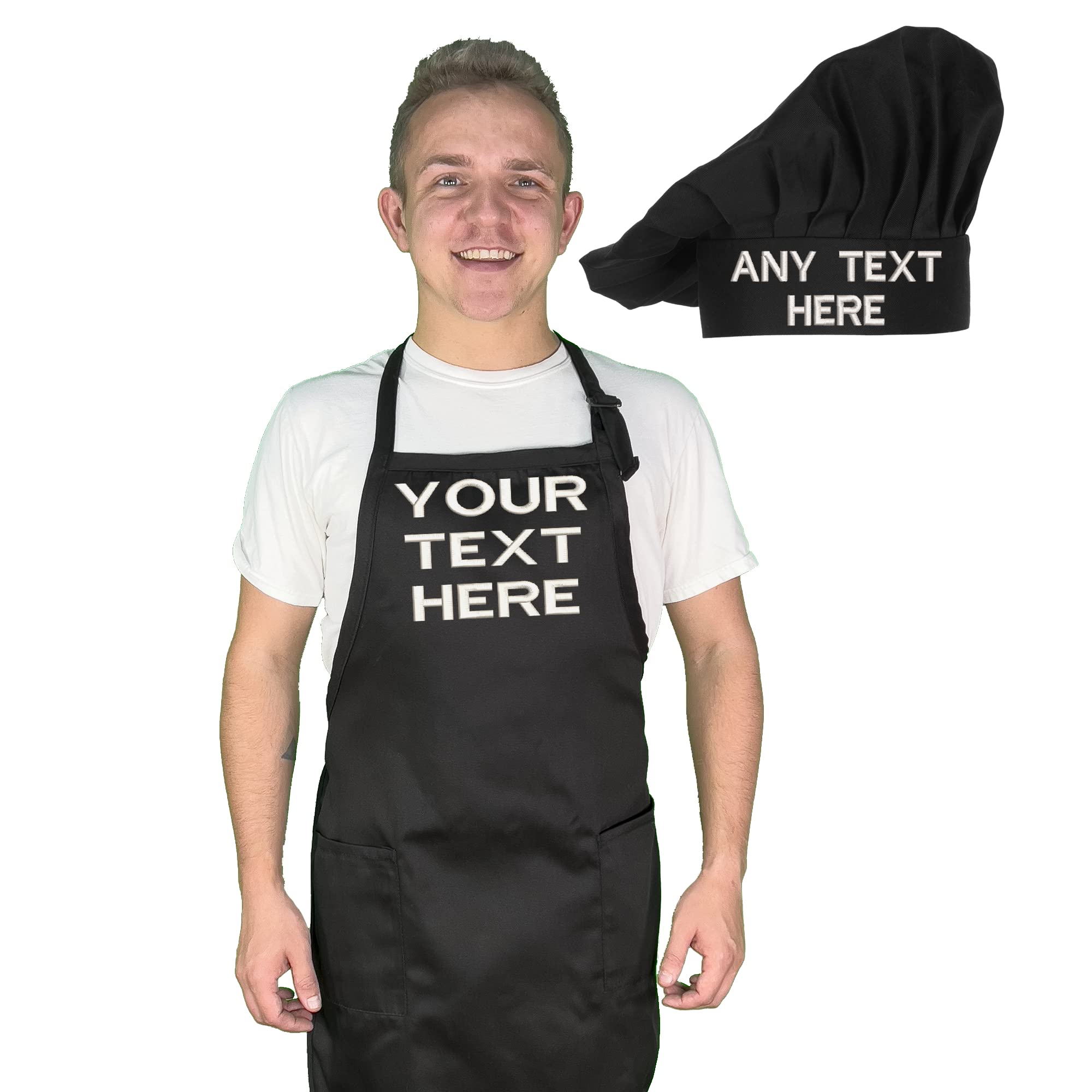 Personalized Chef Apron with Hat Set for chef Embroidered Design - Aprons for Women and Men, Kitchen Chef Apron with 2 Pockets and 40