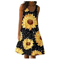 Mini Dress,Ladies Sunflower Casual Print Sleeveless Beach Cake Dress Mid Dresses for Women Casual