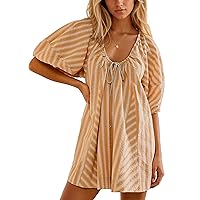 MISSACTIVER Women Summer Loose Striped Romper Casual Puff Sleeve Wide Leg Jumpsuit Drawstring Neck Beach Rompers with Pockets