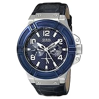 Guess Men's W0040G7 Stainless Steel Blue Genuine Leather Multi-Function Watch