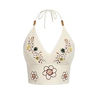 Verdusa Women's Halter Neck Sleeveless Floral Embroidery Knitted Cami Crop Tops