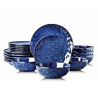 vicrays 18-Piece Kitchen Dinnerware Set, Ceramic Fluted Dinner Plates, Salad Plates, Bowls Set, Microwave, Oven, and Dishwasher Safe, Scratch Resistant, Suitable for Home, Party, Restaurant (Blue)