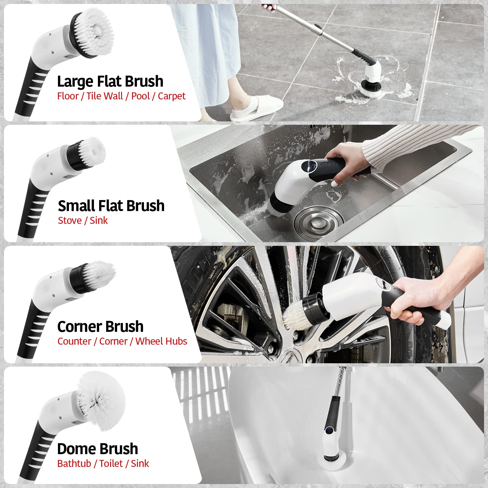 Keimi Electric Spin Scrubber, 2023 New Cordless Voice Prompt Shower Cleaning Brush with 8 Replaceable Brush Heads, 3 Adjustable Speeds, and Adjustable Extension Handle for Bathroom Floor Tile