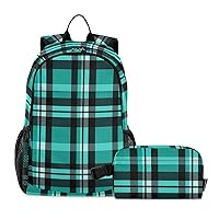 Teal Black Plaid Backpack for Kids Bookbag Set with Lunch Box Middle School Elementary Backpack for Teens Kids Boys Girls