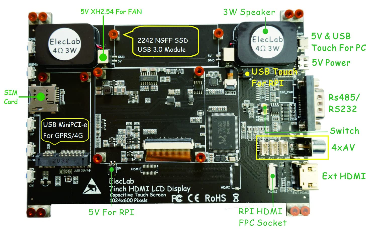 ElecLab Touchscreen Monitor 7 Inch HDMI Capacitive LCD Display 1024x600 RS232/RS485 Speaker Bracket for RPI 4B 3B+ 3B 3A+ 2B B+ …
