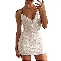 Sundress Women's Glitter Spaghetti Strap Ruched Dresses Summer Bodycon Wrap Dress Sleeveless Cami Short Mini Club Party Dress