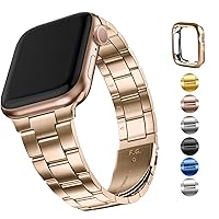 No Tools Needed Compatible Apple Watch Bands 45mm 44mm 42mm,Slim Metal Link Wristband with Case for iWatch Series 9/8/7/6/5/4/3/2/1/SE2/SE,Rose Gold