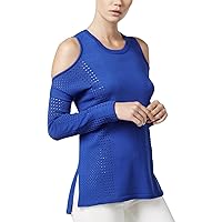 Bar III Womens Cold Shoulder Perforated Pullover Sweater Medium M Blue
