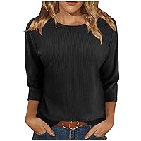 3/4 Length Sleeve Womens Tops Casual Loose Fit Crewneck T Shirts Knitted Blouses Cute Solid Three Quarter Length Tunic Top