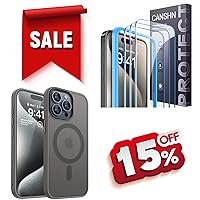 CANSHN Magnetic Designed for iPhone 15 Pro Max Case Grey 3 Pack for iPhone 15 Pro Max Screen Protector Tempered Glass with Easy Installation - 6.7 Inch