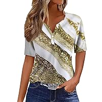 Womens Summer Tops 2024 Fashion Casual T-Shirt V-Neck Short Sleeve Stripe Printed Button Shirt