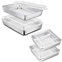 E-far Stainless Steel Baking Pan with Lid, 12⅓ x 9¾ x 2 Inch Rectangle Sheet Cake Pans Set of 2 and 8 x 8-Inch Square Brownie Baking Pans Set of 2, Heavy Duty & Dishwasher Safe