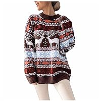 Womens Christmas Fleece Sweater Reindeer Snowflake Round Neck Long Sleeve Sweatshirt Wintertime Sweaters Tunic Tops