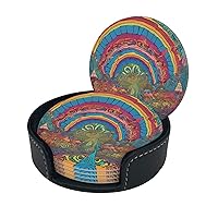 Coasters Sets of 6 with Holder PU Leather Bar Drink Coasters for Coffee Table Home Decor, New Apartment Essentials for Men Women Housewarming Gifts - Abstract Mushroom Colorful Mandala