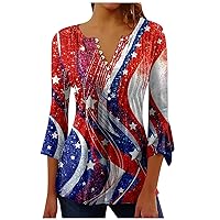 Womens Button Down Shirts 3/4 Sleeve Crewneck Tops USA Star Stripes American Flag T Shirt 2024 Summer Casual Blouse