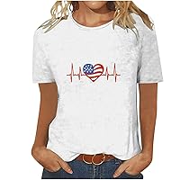 4th of July Shirts Women Love Heart USA Flag Patriotic Tee Tops Summer Funny Heartbeat Graphic Short Sleeve T-Shirts