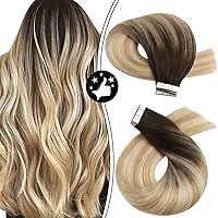 Moresoo Ombre Tape in Hair Extensions Human Hair Seamless Hair Extensions Tape in Balayage Darkest Brown to Blonde Highlighted Hair Extensions Real Human Hair Tape in 22 Inch #2/27/613 20pcs 50g