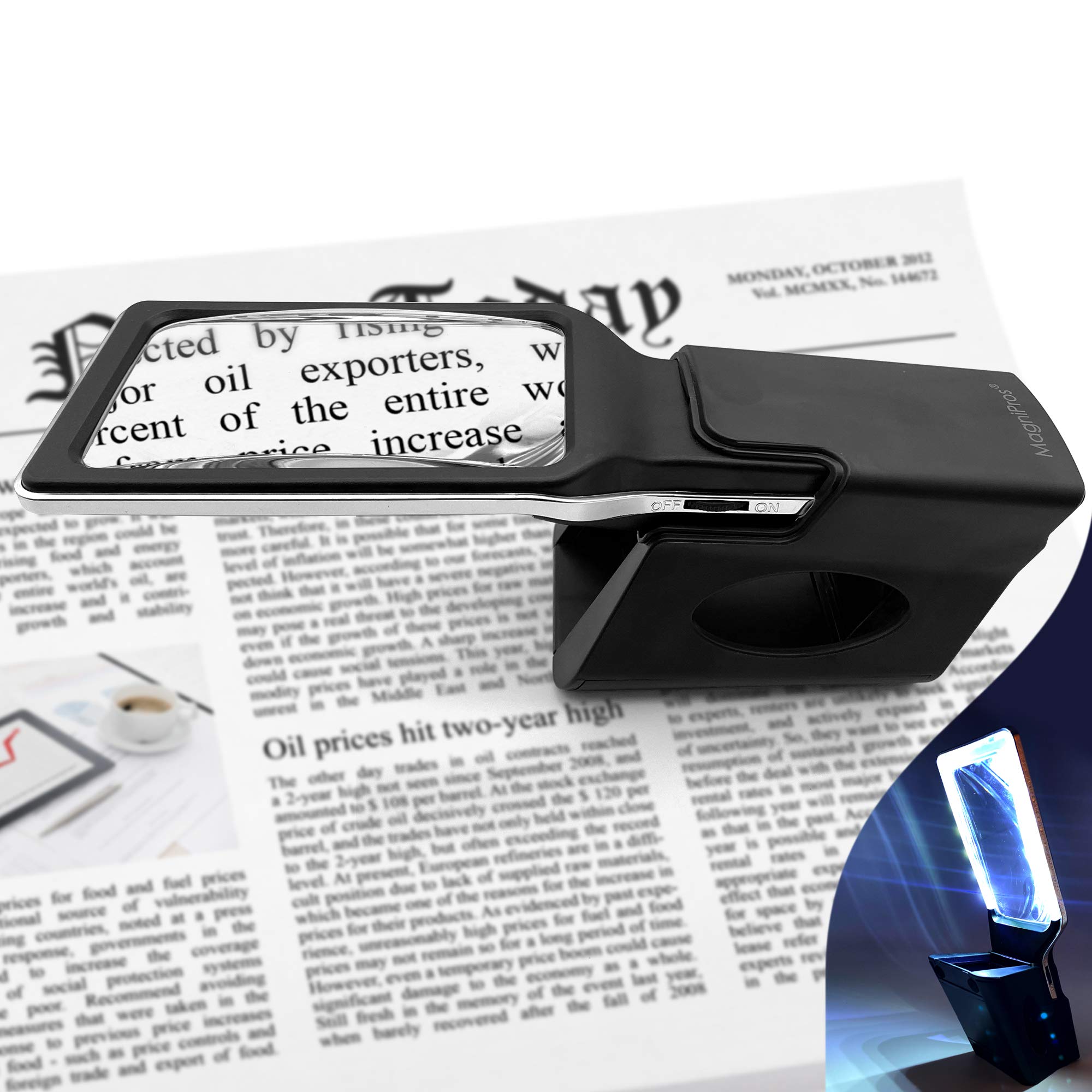 MagniPros 3X+5X LED Reading Magnifier with Compatible Holder/Stand to Free up Your Hands