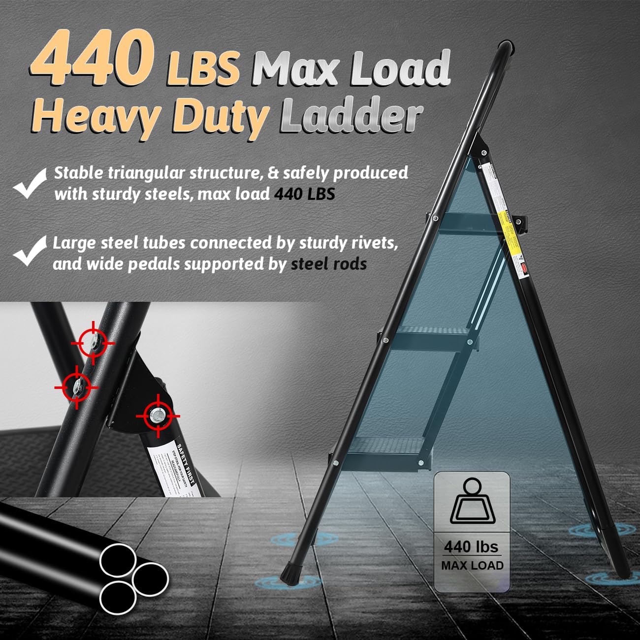 Double Elite Step Ladder 3 Step Folding with Handgrip, Heavy Duty 440Lbs Load Step Stools for Adults, Safer Step Ladder for Home/Kitchen, Small Foldable Step Stool with Anti-Slip Wide Pedals, Black