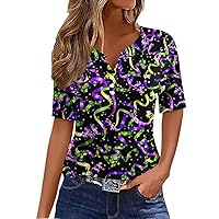 Mardi Gras Outfits Henley V Neck Short Sleeve Mardi Gras Party Mask Costume Button Down Shirts for Women
